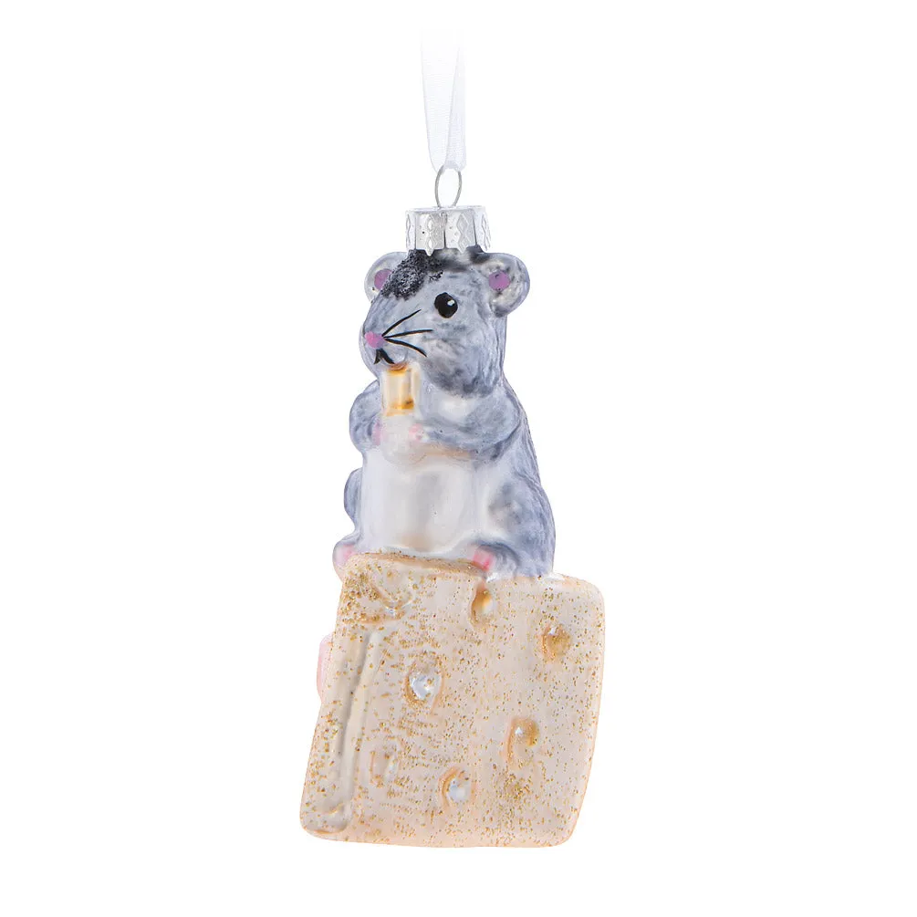 Mouse on Cheese Glass Ornament