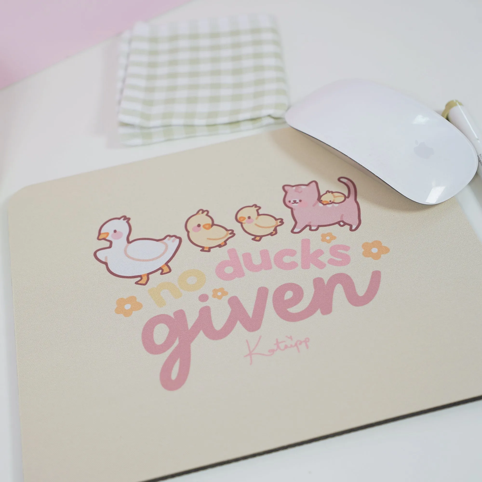 Spring Ducks and Daffodils: Satsuma, Mother Duck & Katnipp Ducklings Mouse Pad - 'No Ducks Given'