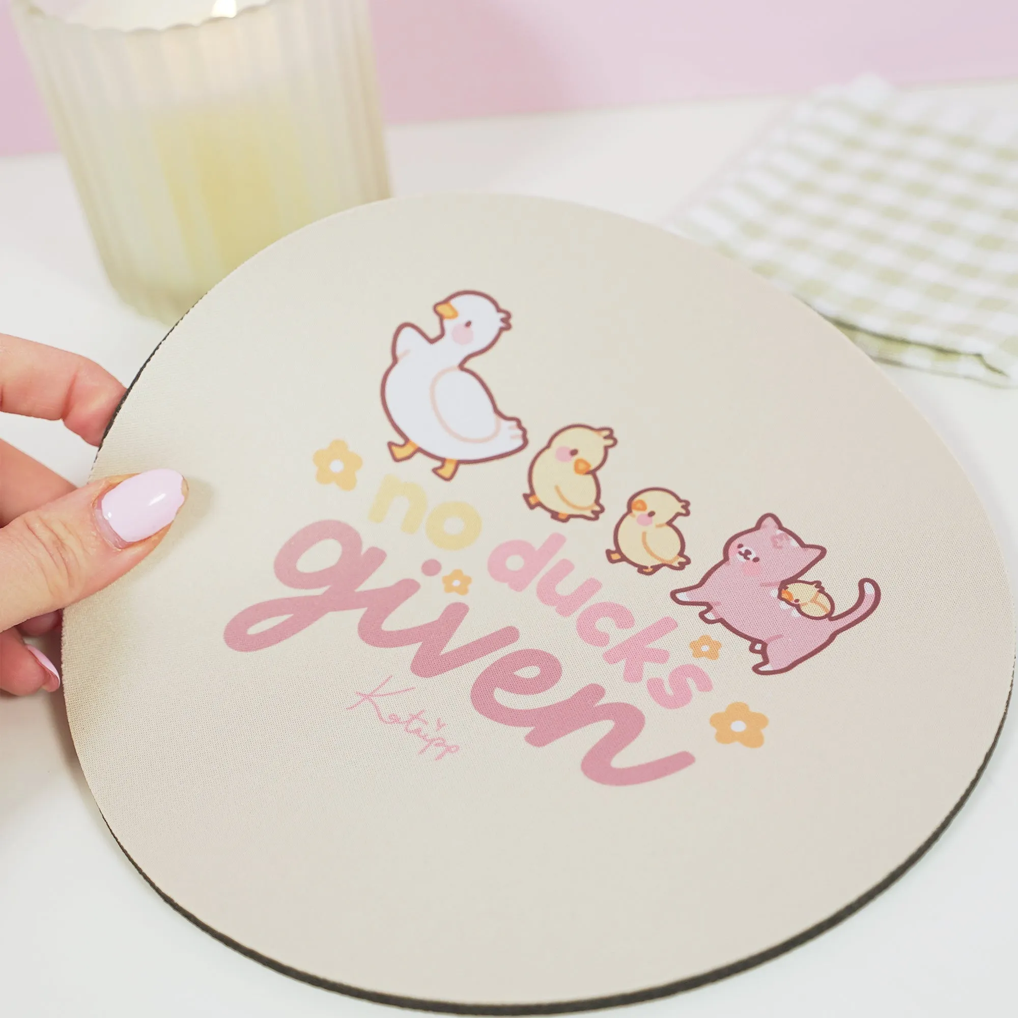 Spring Ducks and Daffodils: Satsuma, Mother Duck & Katnipp Ducklings Mouse Pad - 'No Ducks Given'