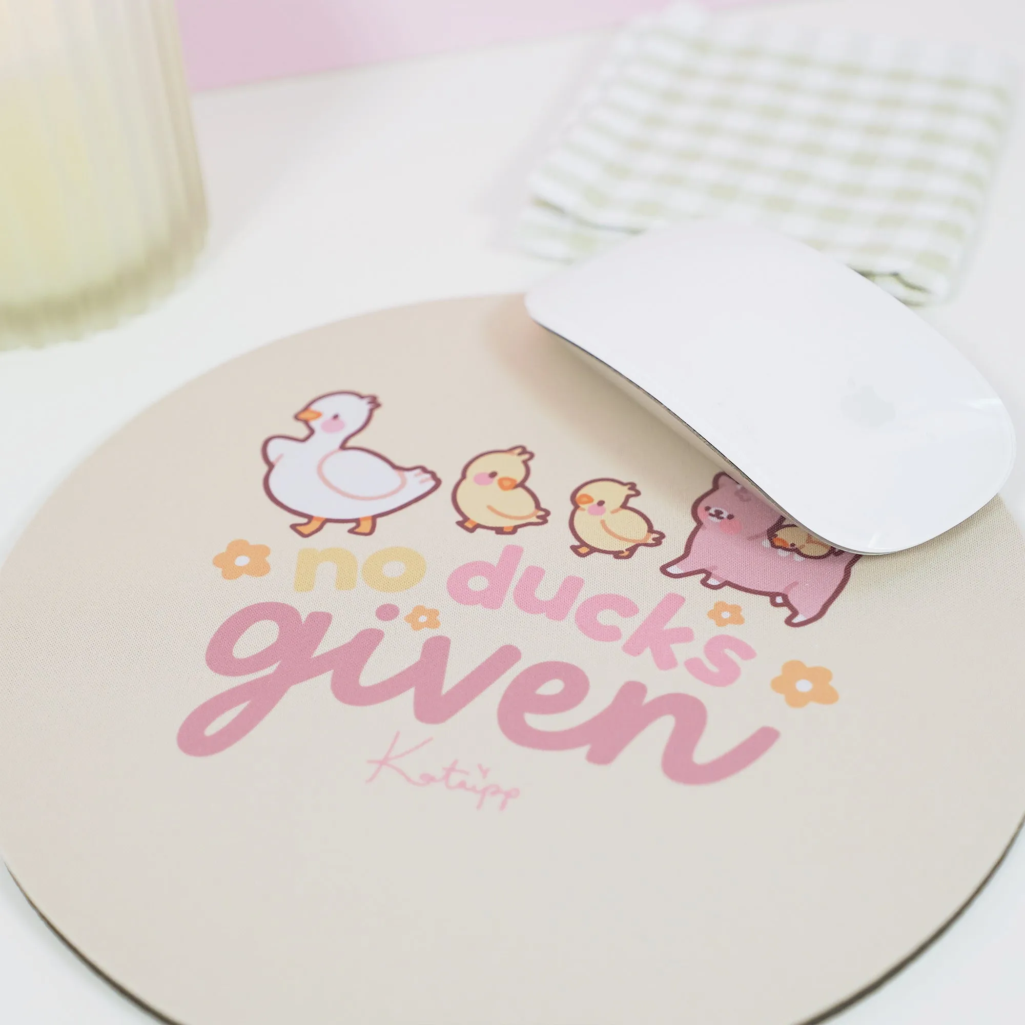 Spring Ducks and Daffodils: Satsuma, Mother Duck & Katnipp Ducklings Mouse Pad - 'No Ducks Given'