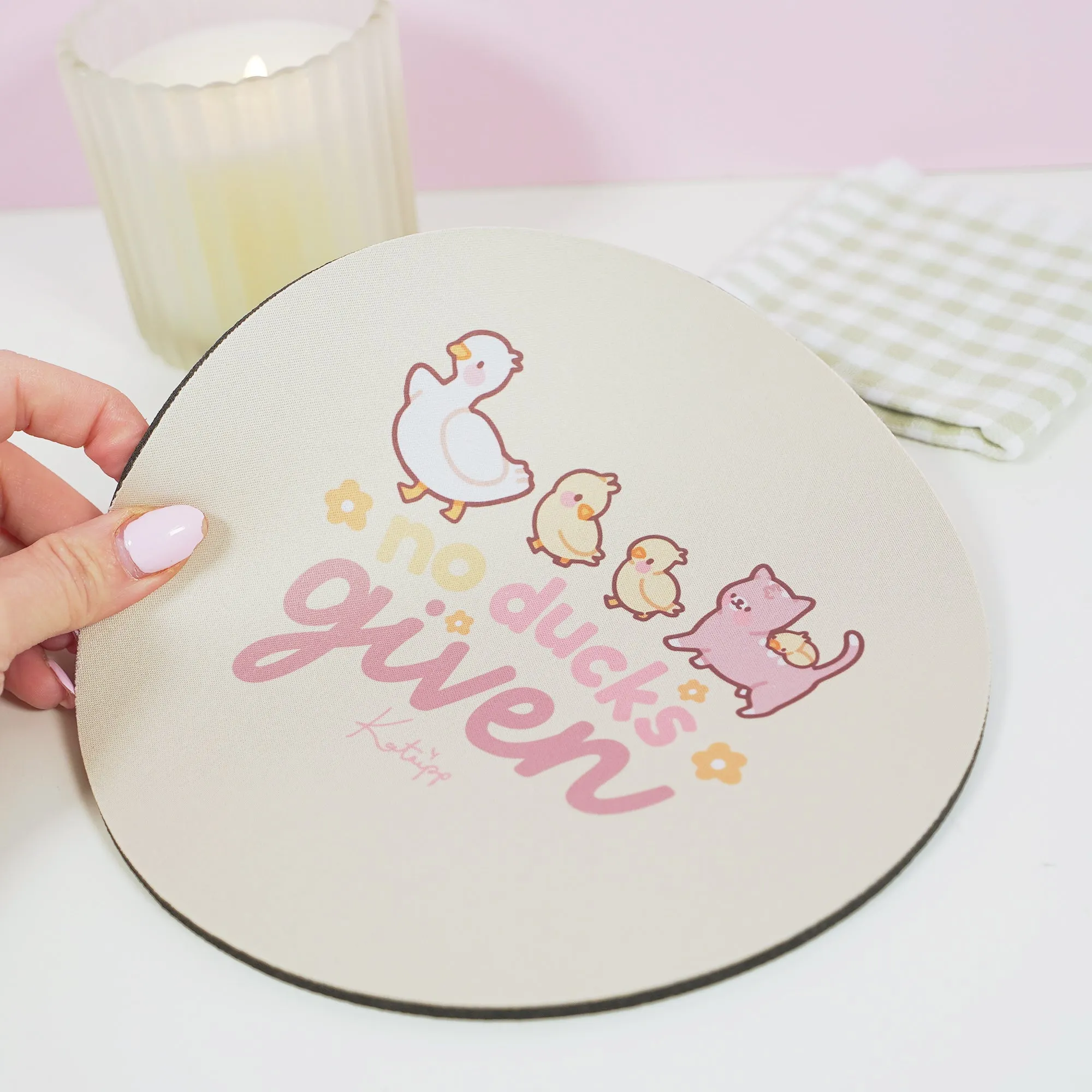 Spring Ducks and Daffodils: Satsuma, Mother Duck & Katnipp Ducklings Mouse Pad - 'No Ducks Given'