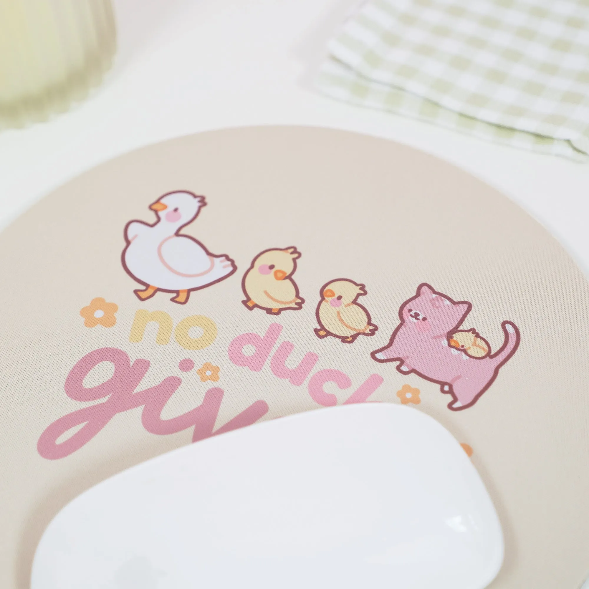 Spring Ducks and Daffodils: Satsuma, Mother Duck & Katnipp Ducklings Mouse Pad - 'No Ducks Given'