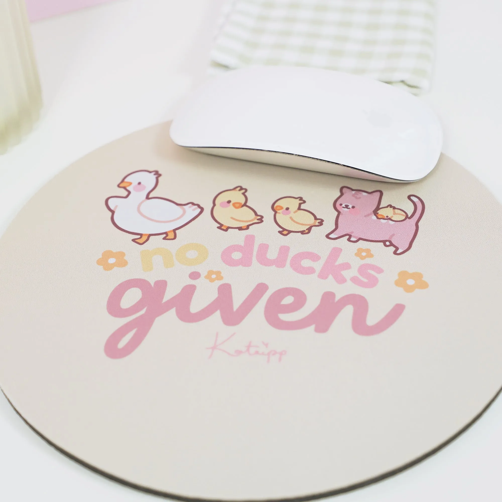 Spring Ducks and Daffodils: Satsuma, Mother Duck & Katnipp Ducklings Mouse Pad - 'No Ducks Given'