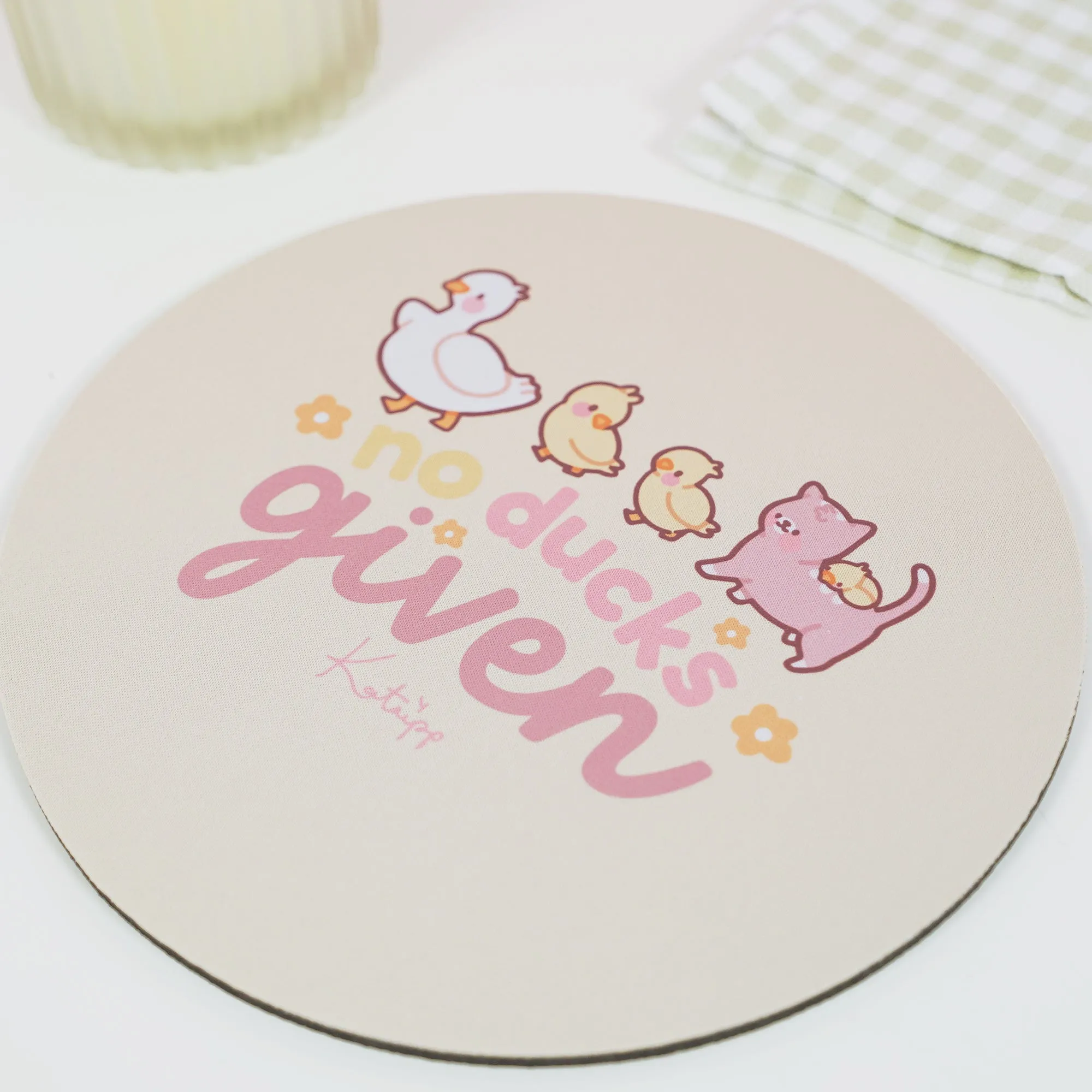 Spring Ducks and Daffodils: Satsuma, Mother Duck & Katnipp Ducklings Mouse Pad - 'No Ducks Given'
