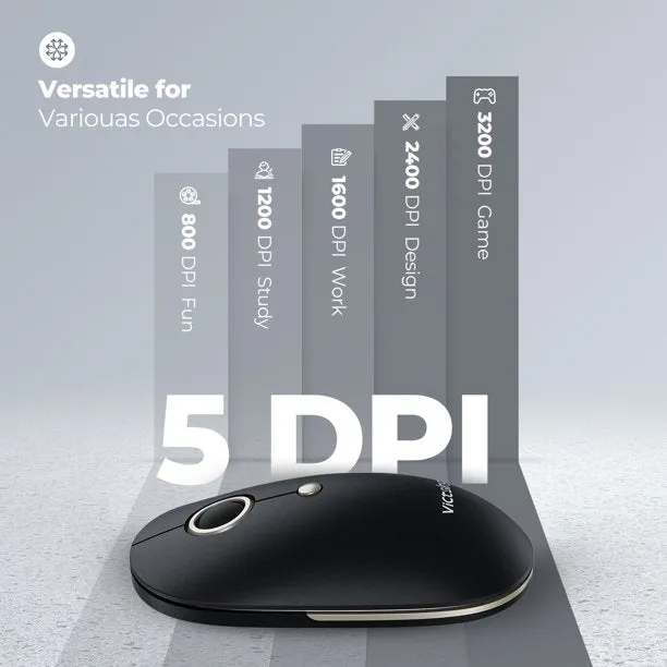 VictSing 2.4G Slim Wireless Mouse – Silent, Noiseless Computer Mouse with Quiet Click, Mini Optical Portable Travel Cordless Mice with 5 Level Adjustable DPI Black Gold