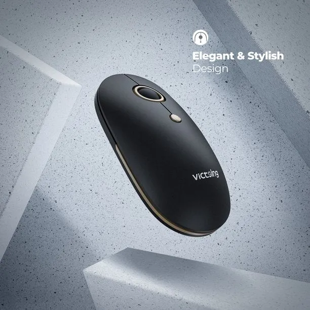 VictSing 2.4G Slim Wireless Mouse – Silent, Noiseless Computer Mouse with Quiet Click, Mini Optical Portable Travel Cordless Mice with 5 Level Adjustable DPI Black Gold